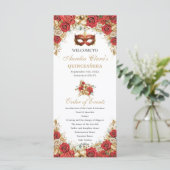Red Gold Floral Masquerade Mask Ball Quinceanera Programm (Stehend Vorderseite)