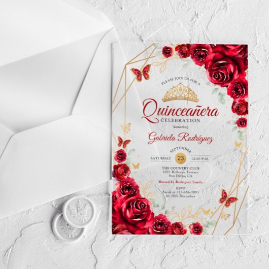 Red Gold Floral Quinceanera Acryleinladungen