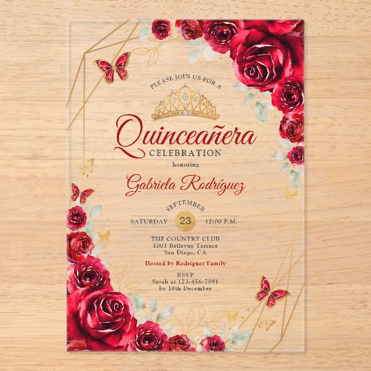 Red Gold Floral Quinceanera Acryleinladungen (Vorderseite)