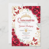 Red Gold Floral Quinceanera Einladung (Vorderseite)