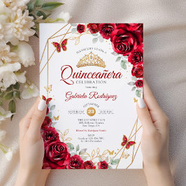 Red Gold Floral Quinceanera Einladung