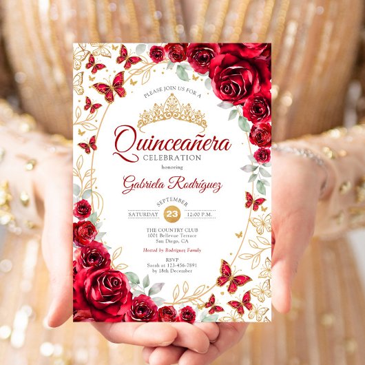 Red Gold Floral Quinceanera Einladung
