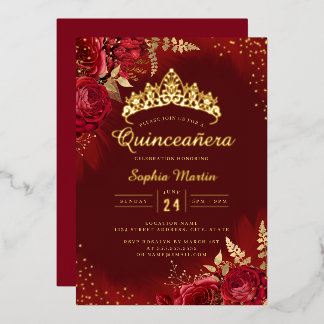 Red Gold Floral Quinceanera Folieneinladung