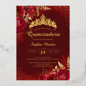 Red Gold Floral Quinceanera Folieneinladung (Vorderseite)