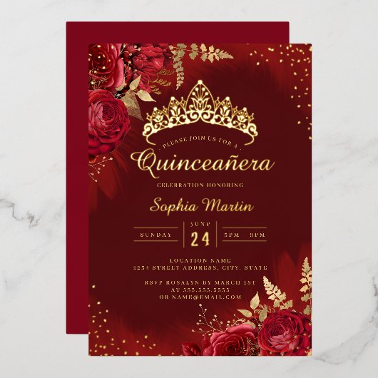 Red Gold Floral Quinceanera Folieneinladung (Vorderseite/Rückseite)