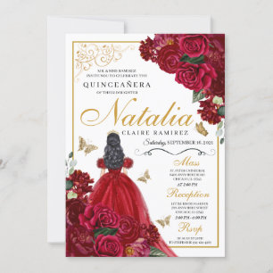 Red & Gold Floral Quinceanera Geburtstag Einladung