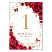 Red Gold Floral Quinceanera Tischnummer (Rückseite)