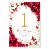 Red Gold Floral Quinceanera Tischnummer (Rückseite)