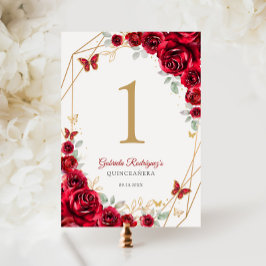 Red Gold Floral Quinceanera Tischnummer
