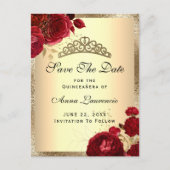 Red Gold Floral Rose Quinceanera Save the Date Postkarte (Vorderseite)