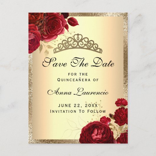 Red Gold Floral Rose Quinceanera Save the Date Postkarte (Vorderseite)