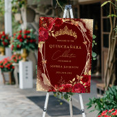 Red Gold Floral Rosen Quinceanera Sign Willkommen Poster