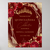 Red Gold Floral Rosen Quinceanera Sign Willkommen Poster (Vorne)