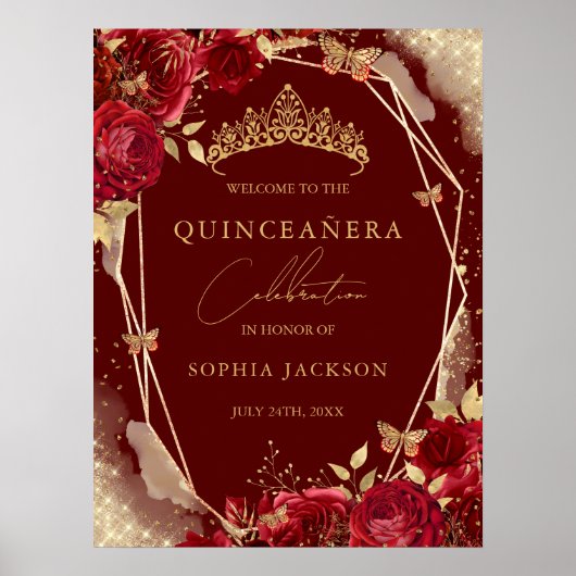 Red Gold Floral Rosen Quinceanera Sign Willkommen Poster (Vorne)