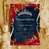 Red Gold Floral Scroll Navy Quinceanera Folieneinladung