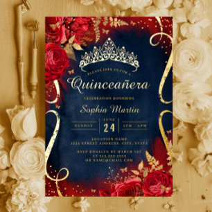 Red Gold Floral Scroll Navy Quinceanera Folieneinladung