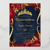 Red Gold Floral Scroll Navy Quinceanera Folieneinladung (Vorderseite)