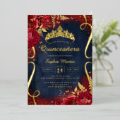 Red Gold Floral Scroll Navy Quinceanera Folieneinladung (Stehend vorne)