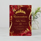 Red Gold Floral Scroll Quinceanera Folieneinladung (Stehend vorne)
