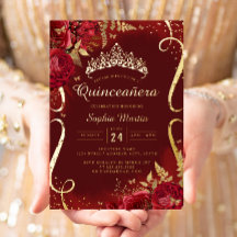 Red Gold Floral Scroll Quinceanera