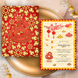 Red Gold Floral Snake 2025 Chinesisches New Year P Einladung