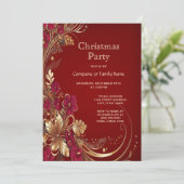 Red Gold Floral Weihnachten Party Einladung (Stehend Vorderseite)