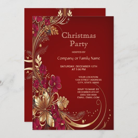 Red Gold Floral Weihnachten Party Einladung (Vorne/Hinten)