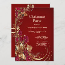 Red Gold Floral Weihnachten Party Einladung