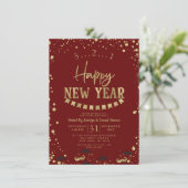 Red & Gold Foil Confetti Silvester Party Einladung (Stehend Vorderseite)