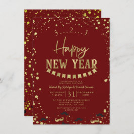 Red & Gold Foil Confetti Silvester Party Einladung
