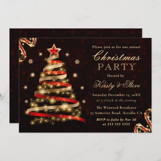 Red & Gold Funkelnd Ribbon Tree Weihnachten Party Einladung (Vorne/Hinten)