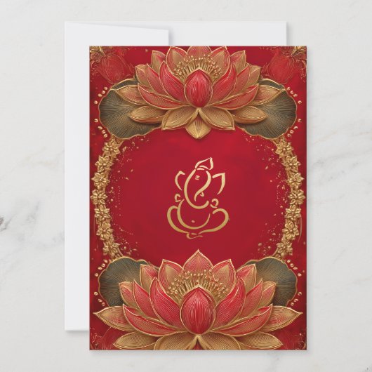 Red Gold Ganesha Indian Ethnic Lotus Wedding Einladung (Vorderseite)