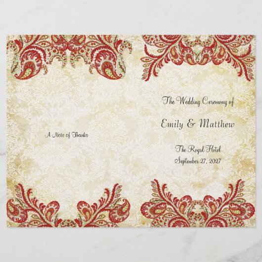 Red Gold Gatsby Paisley Peacock Wedding Program (Vorderseite)