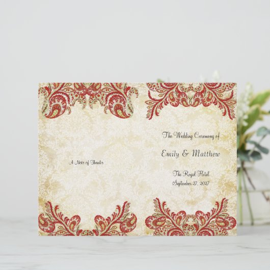 Red Gold Gatsby Paisley Peacock Wedding Program (Stehend Vorderseite)