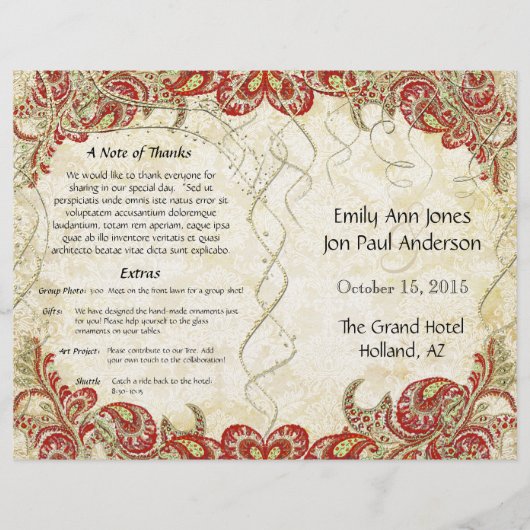 Red Gold Gatsby Paisley Peacock Wedding Program (Vorderseite)