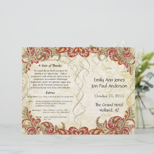 Red Gold Gatsby Paisley Peacock Wedding Program (Stehend Vorderseite)