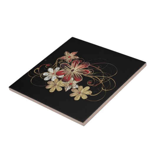 Red Gold Gemstone Blume Schwarze Keramik Tile Fliese (Seite)