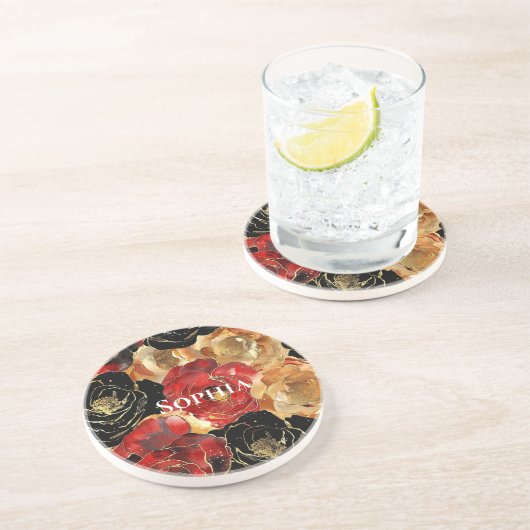 Red Gold Glam Blume Geburtstag Getränkeuntersetzer (Seite)