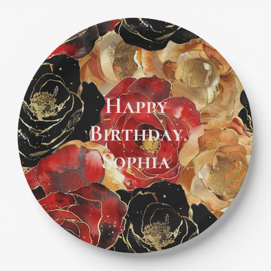 Red Gold Glam Blume Geburtstag Pappteller (Vorderseite)