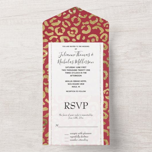 Red Gold Glam Leopard Print All In One Einladung (Innen Boden)