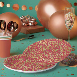 Red Gold Glam Leopard Print Pappteller