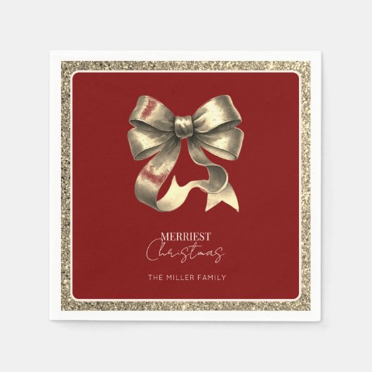 Red Gold Glitter Bow Weihnachtsbuch Napkin Serviette (Vorderseite)