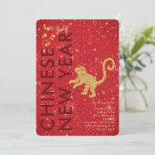 Red Gold Glitter Monkey Lunar New Year Party Einladung (Stehend Vorderseite)