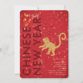 Red Gold Glitter Monkey Lunar New Year Party Einladung (Vorderseite)