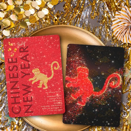 Red Gold Glitter Monkey Lunar New Year Party Einladung