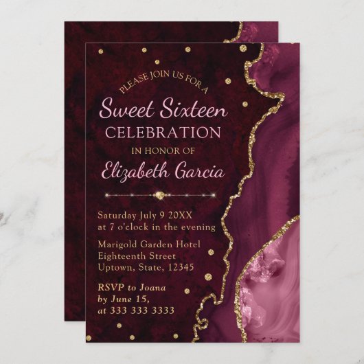 Red & Gold Glitzer Agate und Marmor Sweet 16 Einladung (Vorne/Hinten)