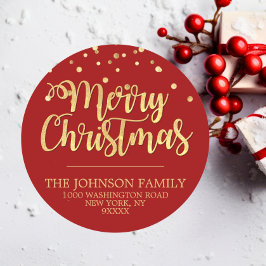 RED Gold Glitzer Confetti Frohe Weihnachtsadresse Runder Aufkleber