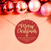 RED Gold Glitzer Confetti Frohe Weihnachtsadresse Runder Aufkleber