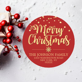 RED Gold Glitzer Confetti Frohe Weihnachtsadresse Runder Aufkleber