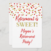 Red Gold Glitzer Confetti Retirement Party Einladung (Vorne/Hinten)